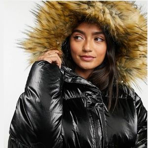 black shiney puffer jacket with fur hood